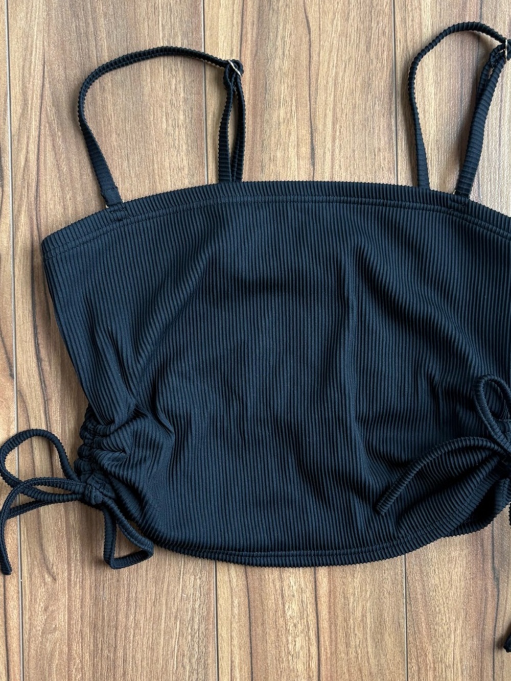 La Vie En Rose Black Ribbed Cropped Swim top with Side Ties